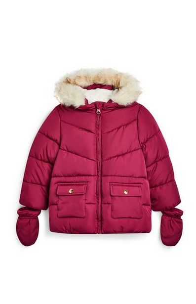 Aanbieding van Gevoerde donkerrode jas met wanten, meisjes voor 20€