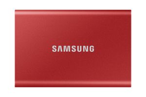 Aanbieding van Samsung PORTABLE SSD T7 - 1 TB RED voor 149€ bij Electroworld